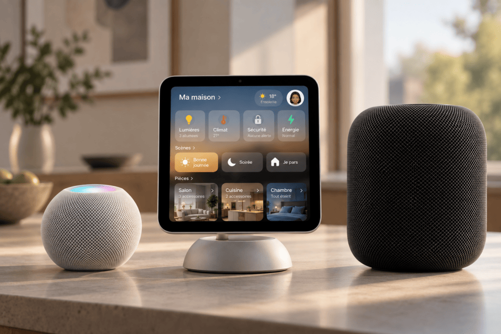 Rendu du Apple Home Hub à côté d'un HomePod mini et d'un HomePod, réalisé avec ChatGPT Images.