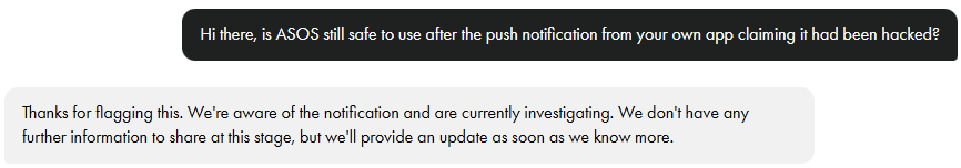 Faute de communication officielle de l'entreprise, SkyNews s'est tourné vers le chatbot du site qui indique que l'incident est en cours d'investigation // Source : Sky News Faute de communication officielle de l'entreprise, SkyNews s'est tourné vers le chatbot du site qui indique que l'incident est en cours d'investigation // Source : Sky News