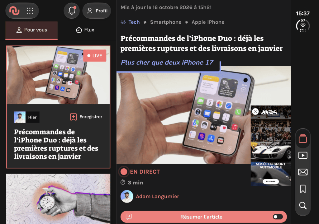 Les applications à jour, comme l'app officielle Numerama, exploitent la barre à droite pour la navigation. Elles supportent aussi les différents modes (table, plié à moitié). Les applications à jour, comme l'app officielle Numerama, exploitent la barre à droite pour la navigation. Elles supportent aussi les différents modes (table, plié à moitié).