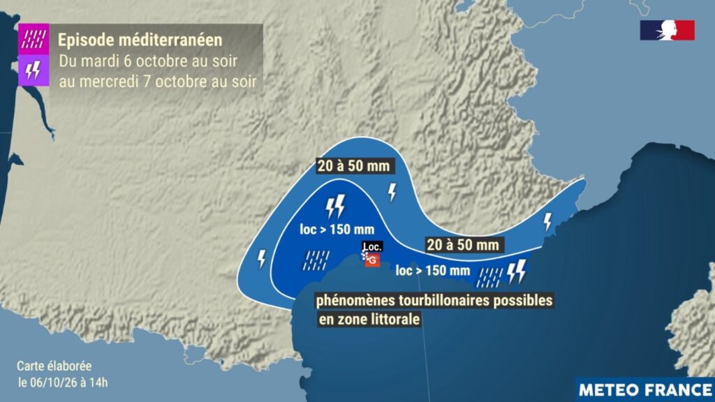 Prévisions pour l'épisode méditerranéen du 6 au 7 octobre 2026. // Source : Via X @meteofrance Prévisions pour l'épisode méditerranéen du 6 au 7 octobre 2026. // Source : Via X @meteofrance
