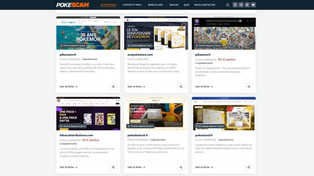 Un exemple des sites recensés par Pokéscam et déjà fermés // Source : Pokéscam Un exemple des sites recensés par Pokéscam et déjà fermés // Source : Pokéscam