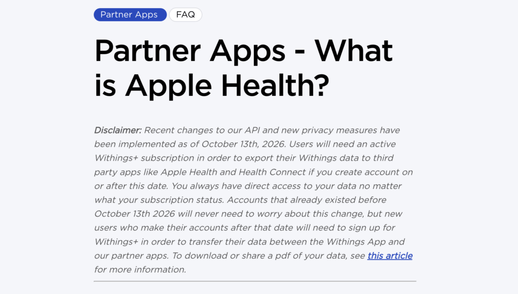 Dans un Disclaimer, Withings confirme faire payer pour Apple Santé. Dans un Disclaimer, Withings confirme faire payer pour Apple Santé.
