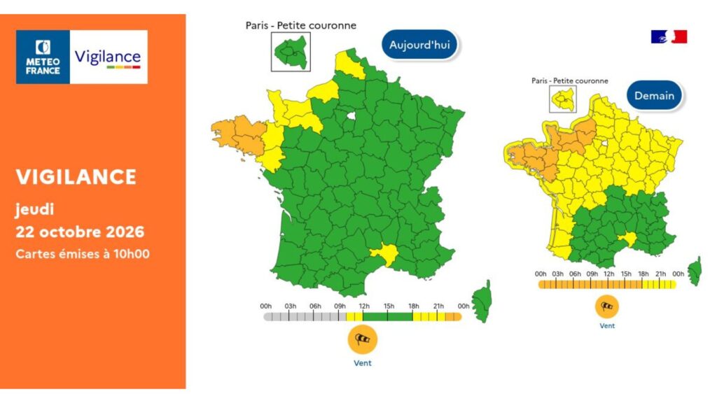 Départements en vigilance orange vent. // Source : Via X @VigiMeteoFrance Départements en vigilance orange vent. // Source : Via X @VigiMeteoFrance