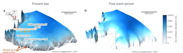 Cette visualisation montre l’état actuel de la calotte glaciaire du bassin sous-glaciaire de Wilkes (à gauche) et une reconstitution de celle-ci pendant la période chaude du Pliocène (à droite). // Source : <a rel="noopener" target="_blank" href="https://theconversation.com/il-y-a-urgence-a-surveiller-le-glacier-wilkes-ce-mastodonte-de-lantarctique-qui-risque-de-fondre-292791">Matt King, Nancy A.N. Bertler</a> Cette visualisation montre l’état actuel de la calotte glaciaire du bassin sous-glaciaire de Wilkes (à gauche) et une reconstitution de celle-ci pendant la période chaude du Pliocène (à droite). // Source : <a rel="noopener" target="_blank" href="https://theconversation.com/il-y-a-urgence-a-surveiller-le-glacier-wilkes-ce-mastodonte-de-lantarctique-qui-risque-de-fondre-292791">Matt King, Nancy A.N. Bertler</a>